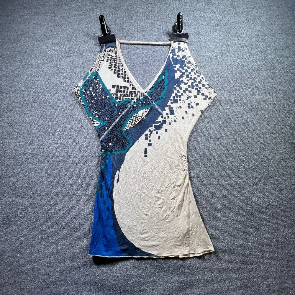 Ring Spun One Love Mini Dress Womens Medium Multicolor Sequin Asymmetric Pigeon
